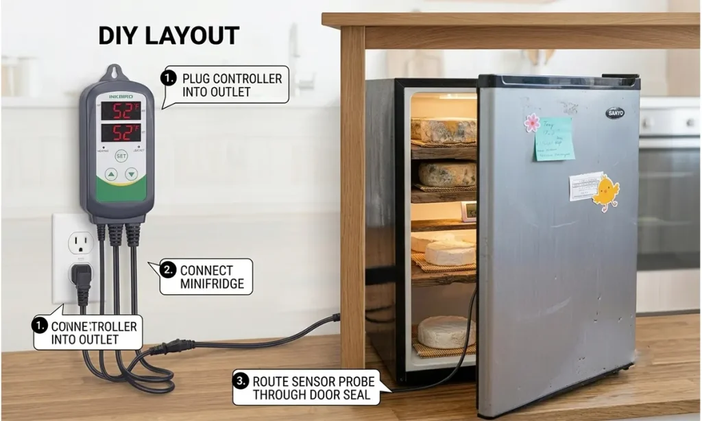Connecting an external digital temperature controller to a mini fridge cheese cave