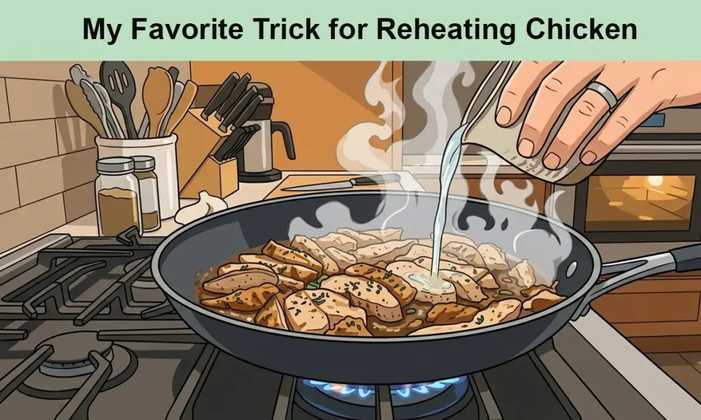 Reheating leftover chicken in a pan with water to keep it juicy