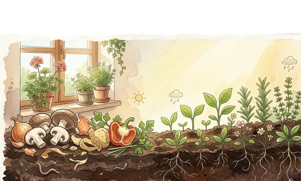 concept of composting kitchen scraps and mushrooms turning into rich green soil.