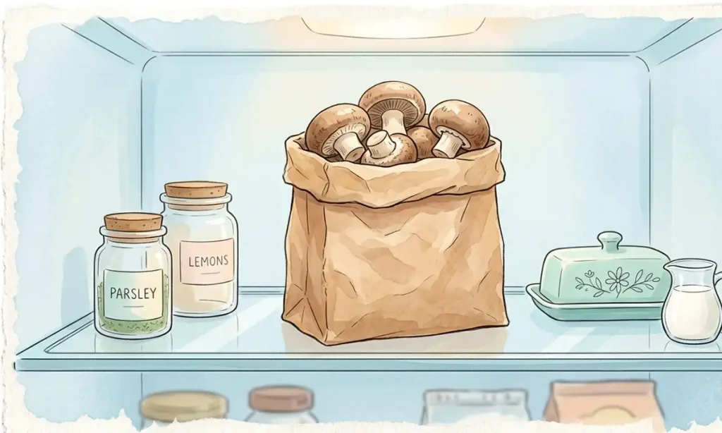 fresh whole mushrooms stored correctly inside a brown paper bag in a fridge.