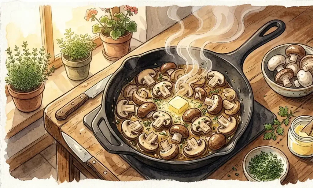 mushrooms being cooked in a pan for freezing prep
