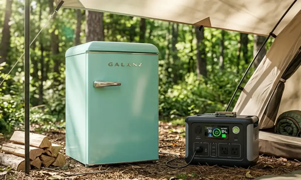 Portable solar generator powering a Galanz compact refrigerator during an outdoor camping trip