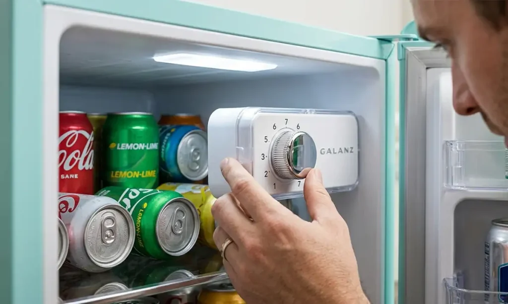 Hands of a technician repairing or adjusting the temperature control settings on a Galanz mini fridge